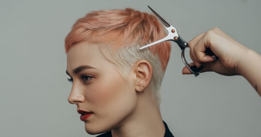 Styling an undercut pixie bob can be fun and easy. For a casual, messy look, use a matte wax or dry paste to create a textured pixie with a tousled finish. If you want a polished style, a light pomade or shine cream smooths your hair into a sleek pixie look.
You can part your hair to the side for a side-parted pixie, or add volume at the roots for a bolder effect. Accessories like clips or headbands also work well. This versatility makes the cut perfect for different occasions and moods, whether you want something soft and feminine or bold and edgy.
Your Undercut Pixie Styling Kit (Must-Have Products & Tools)
Having the right tools is key to keeping your undercut pixie bob fresh. Matte wax or dry paste adds texture without heaviness, perfect for a tousled pixie style. A sleek pixie cut is produced for professional looks with a light pomade or shine cream. A flat iron or mini styler helps shape and add volume, especially for short hair with volume.
Lightweight hairspray locks your style but keeps it touchable. The buzzed sides can be kept in between salon appointments with the use of a trimmer or clipper. With these products, you can easily style both spiky haircuts and soft, feminine looks at home.
Undercut Pixie Haircut Ideas to Try